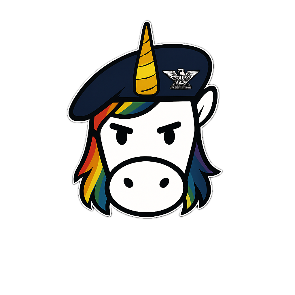 The Colonel, the Unicorn Commander mark: a white unicorn in a navy beret with a rainbow mane and a gold horn